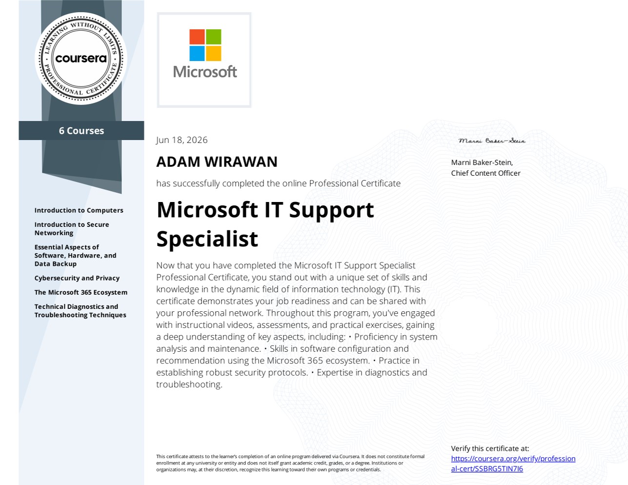 IT Support Specialist Professional Certificate for Adam Wirawan